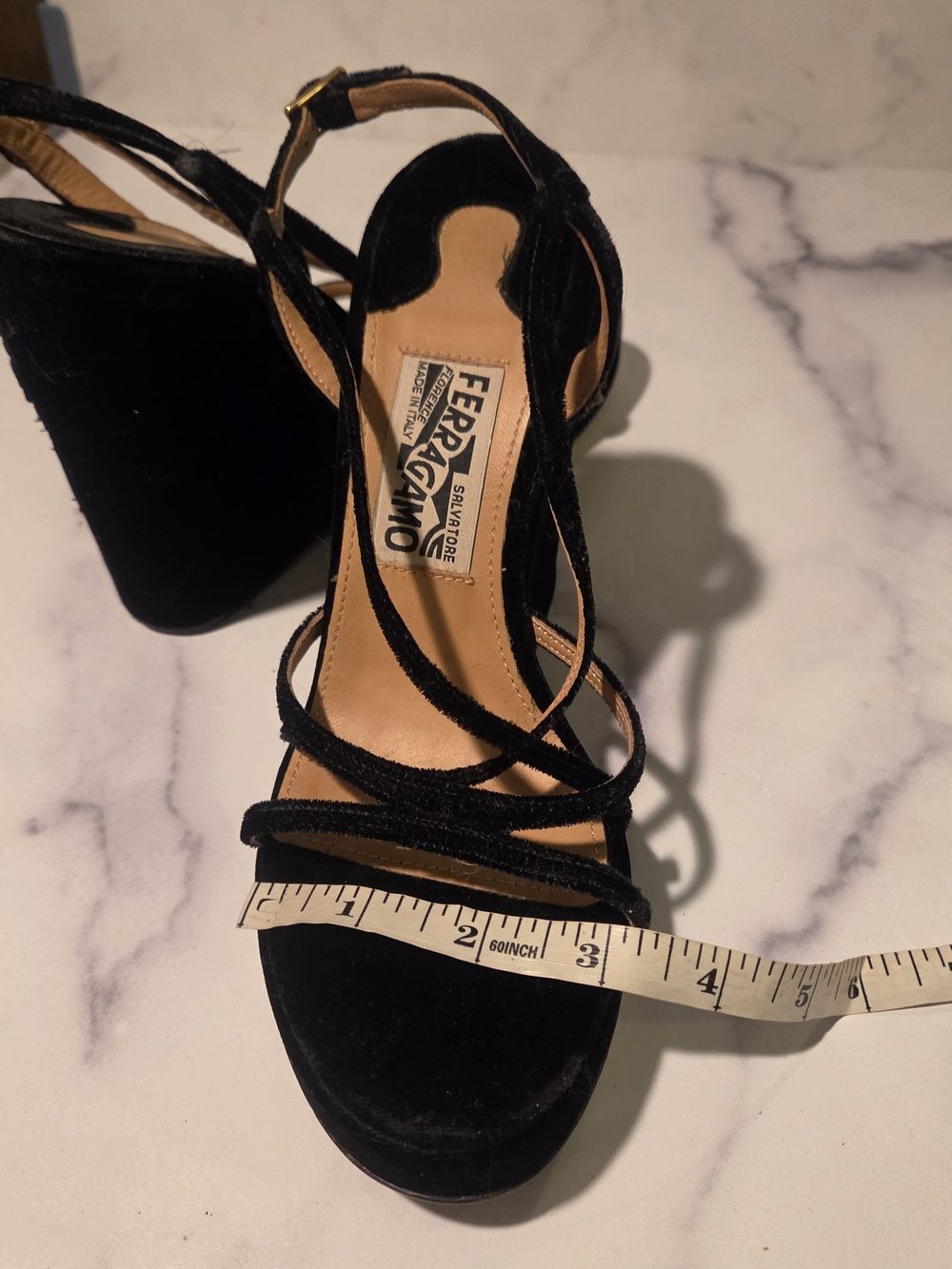 Salvatore Ferragamo Black Velvet Strappy Wedge Sandals - Picture 9 of 12